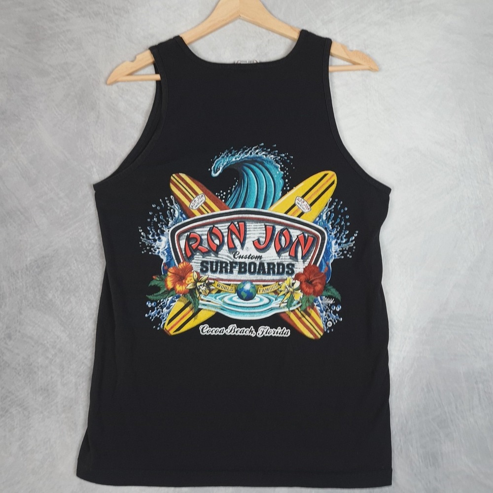 Vintage Ron Jon Surf Shop Shirt Mens Medium Black Surfboards Graphic Tank Top